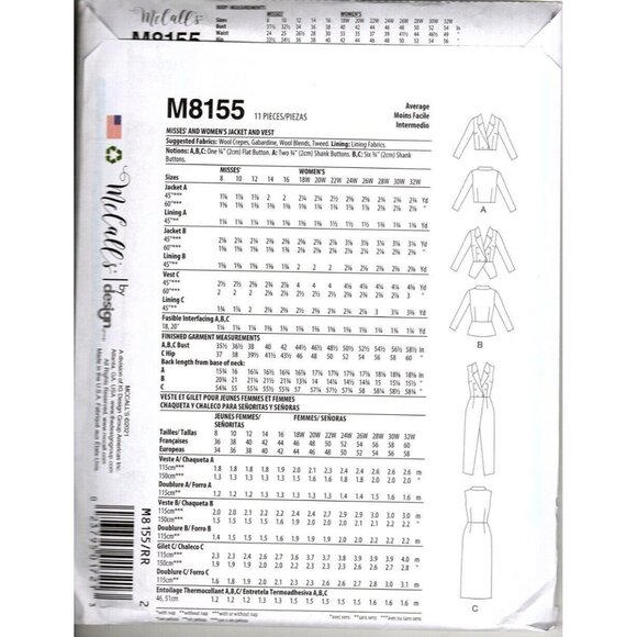 McCall's M8155 Misses 8 to 16 Jacket and Duster Vest Uncut Sewing Pattern - Picture 2 of 2